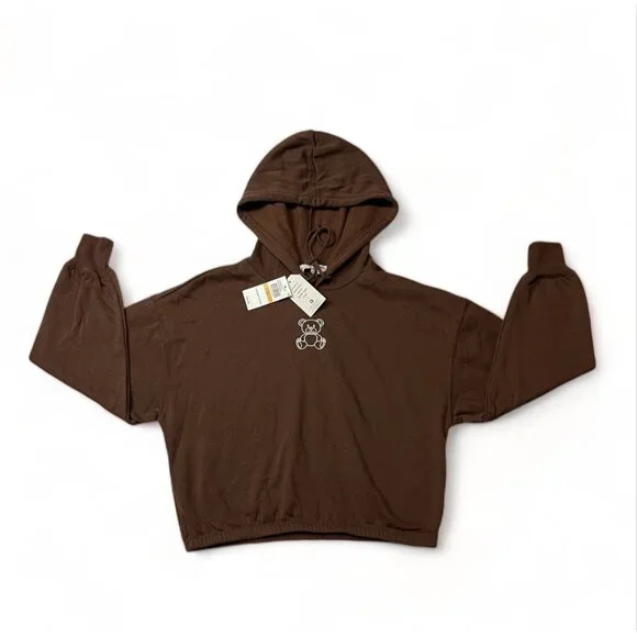 Hippie Rose Graphic Cropped Hoodie - Womens Brown Cozy Pullover Sweatshirt - Picture 1 of 15